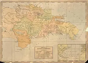 Dominican Republic Prints: Vintage color map of the Dominican Republic on the island of Hispaniola