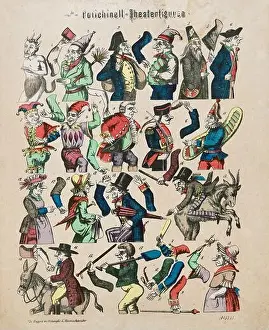 Vintage colour illustration of Polichinell Theatrical figures for cutting. 1880 Polichinelle is a character of the French folk theater: a hunchback, a
