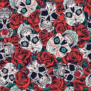 Skull Prints: Vintage Day of Dead seamless pattern with sugar skulls and red roses vector illustration