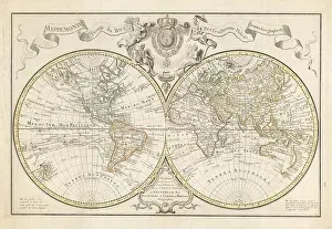 Map Of The World Prints: Vintage decorated 18th century French map of the world using two hemispheres by Guilluame Delisle