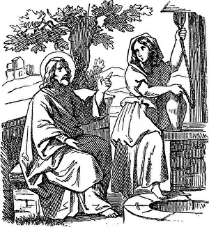 Thirst Prints: Vintage drawing or engraving of biblical story of Jesus talks with Samaritan woman near well