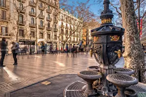 Rambla Prints: Vintage drinking fountain along Rambla pedestrian mall, Barcelona, Catalonia, Spain