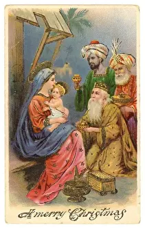 Nativity Prints: Vintage early 1900's Christmas postcard illustration with the Three Kings circa 1905