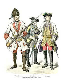 Illustration And Painting Prints: Vintage engraving of Miltary Uniforms 18th Century Wurttemberg