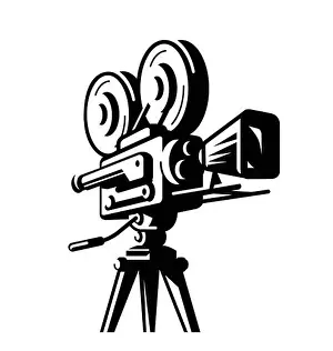 Reel Prints: Vintage film projector with film strip, cinema symbol. Movie projector vector illustration