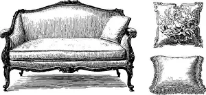 Cushion Prints: Vintage french settee and decorative cushions engraved illustration for antique furniture design