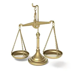 Judge Prints: Vintage golden scale Side imbalance view with weights 3D rendering illustration isolated on white background