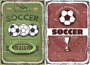 Vintage grunge soccer and football sport posters with winner cup, play field, satadium and soccerball in flight. For sports and championship design