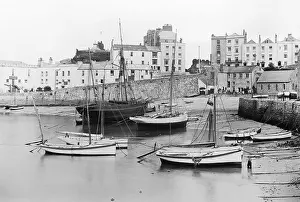 South Wales Prints: Vintage late 19th century black and white photograph of Tenby harbour in South Wales