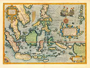 Pictorial Map Prints: Vintage Map. Antique map of the Decorative Map of the East Indies from the Mercator-Hondius Atlas