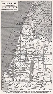 Vintage map of Palestine - chief cities and ports of the country administered by Britain since 1920, under a mandate from the League of Nations 1930s