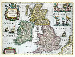 Compass Prints: Vintage medieval map of Great Britain 1661 with illustrations