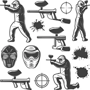 Ammunition Prints: Vintage monochrome paintball club elements collection with shooting players in ammunition masks stains rifles targets