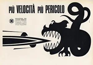 Road Safety Prints: Vintage newspaper ad of road safety by designer Sergio Ruffolo Più Velocità Più Pericolo
