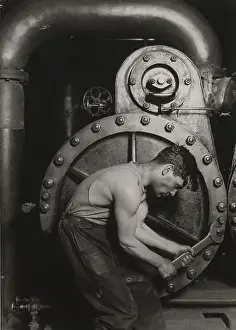 Vintage Photo Prints: Vintage photo Lewis W. Hine - Steamfitter 1920 - a hard working man with a large tool