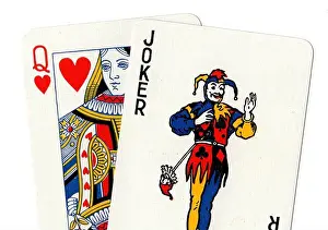 Diamonds Prints: Vintage playing cards showing a joker and a queen of hearts on a white background