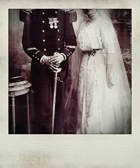 Military Uniform Prints: Vintage Polaroid photograph of a groom wearing military dress and his bride