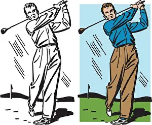 Golfing Prints: A vintage retro illustration of a man swinging a golf club at a golf course