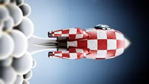 Astronaut Prints: Vintage rocket ship launching to space. 3D illustration