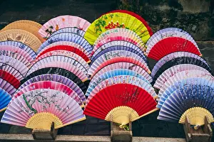 Bazaar Prints: Vintage souvenirs silk hand fan or retro handmade fabric handheld folding Fan with drawing painting in gift shop