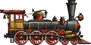 Depot Prints: Vintage steam locomotive. Drawn ancient train, transport. Vector illustration