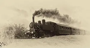 Wagon Prints: Vintage steam train. Sepia toned old photo, daguerreotype