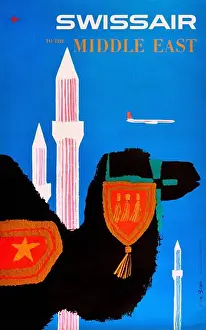 Vintage Travel Posters Prints: Vintage Swissair Airline Travel Poster - For The Middle East