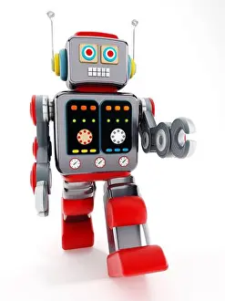 Robotic Prints: Vintage toy robot isolated on white background. 3D illustration