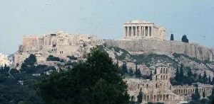 Vintage travel photo of the Acropolis overlooking Athens Greece, taken in October 1973