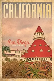 Beachfront Prints: Vintage Travel Poster or advertisement of the Historic Coronado hotel on the beach in San Diego