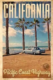 Vintage travel Poster or advertisement from San Onofre Beach on Highway 1 in California