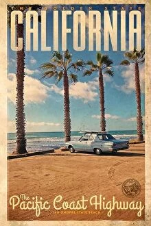 Images Dated 23rd November 2023: Vintage travel Poster or advertisement from San Onofre Beach on Highway 1 in California