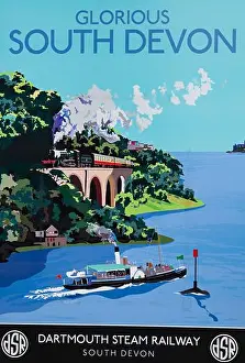 Steamship Prints: Vintage travel poster featuring the Dartmouth Steam Railway in South Devon with a ship in the foreground