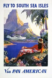 Airline Poster Collection: Vintage travel poster - Fly to South Sea isles via Pan American. 1938. Artwork by Lawler