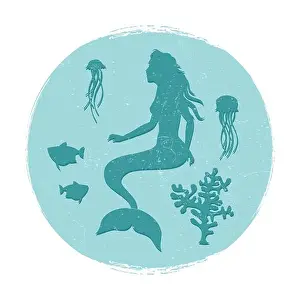 Gastropods Prints: Vintage underwater life label. Mermaid and fishes