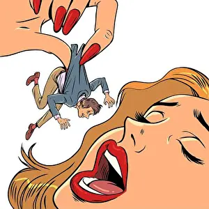 Hopeless Prints: Violence in family. Gender inequality. A woman eats a small man in a suit