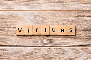 Jurisprudence Prints: virtues word written on wood block. virtues text on wooden table for your desing, concept