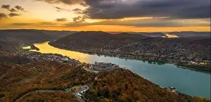 High Hill Prints: Visegrad, Hungary - Aerial panoramic drone view of the beautiful high castle of Visegrad