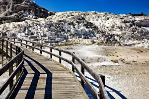 Outdoor Activities Prints: Visitors walk along the wooden path at Minerva Terrace in Mammoth Hot Springs