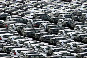 Visual gridlock formed by over 600 Toyota Land Cruiser Prado SUVs in vehicle storage at Zeebrugge harbour awaiting UK