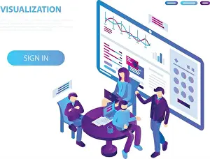 Violet Prints: Visualization conference concept background, isometric style