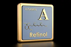 Skeletal Prints: Vitamin A, retinol. Icon, chemical formula, molecular structure. 3D rendering