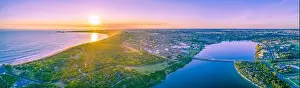 Vivid sunset over Warrnambool and Hopkins River - aerial panorama