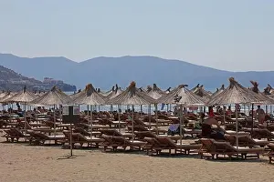 Albanian Prints: Vlorë, Albania, Sunday 2 September 2023 cameria road rruga cameria road running along the coast of the Adriatic Sea