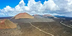 Lanzarote Prints: Volcanos in Timanfaya National Park on Lanzarote island travel aerial view panorama on Canary Islands in Spain