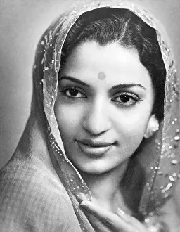 Saree Prints: VRB101309 Indian woman in saree bindi head covered portrait in studio Kulri Mussorie Uttar Pradesh India 1940s