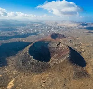 Vulcan Fuerteventura Calderon Hondo and volcanic mountain. Drone Shot Canary Island, Spain