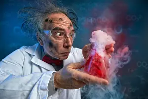 Pharmacy Prints: wacky scientist with explosive experiment, funny chemist