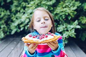 Waffle Prints: waffles - girl eating a waffle with whipped cream