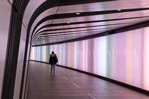 City Of London Prints: Walking through the LED light tunnel between the stations of Kings Cross and St